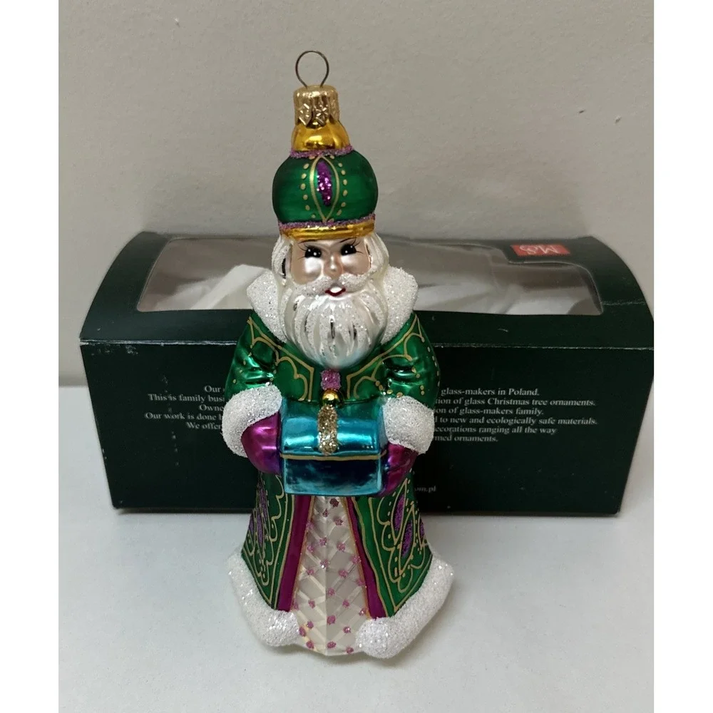 Vintage Polish Glass King with Gift Green Robe Christmas Ornament